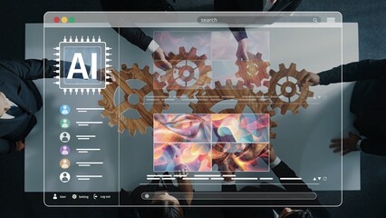 A modern workspace showcases professionals collaborating on artificial intelligence concepts, featuring gears and a digital interface that symbolizes innovation and teamwork. Raster