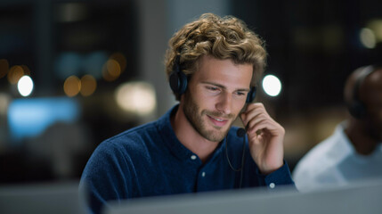 An active call center illustrates telemarketing workflows, where agents manage call scripts, customer data, and performance metrics. cinematic color correction, natural uneven lighting yet gentle