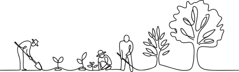 Continuous single one line art drawing of man people planting and farming seed plan tree vector illustration. one line Art icon drawing vector © MDROBIUL