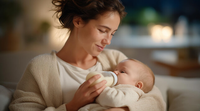 Mother feeding baby with bottle in a calm home setting, gentle hands holding the bottle, quiet bonding moment expressing care, nourishment, trust, and early childhood routine. cinematic color