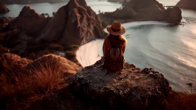 A woman in a straw hat sits on a rocky outcrop overlooking a serene seascape during sunset. The scene is bathed in the warm hues of the setting sun.