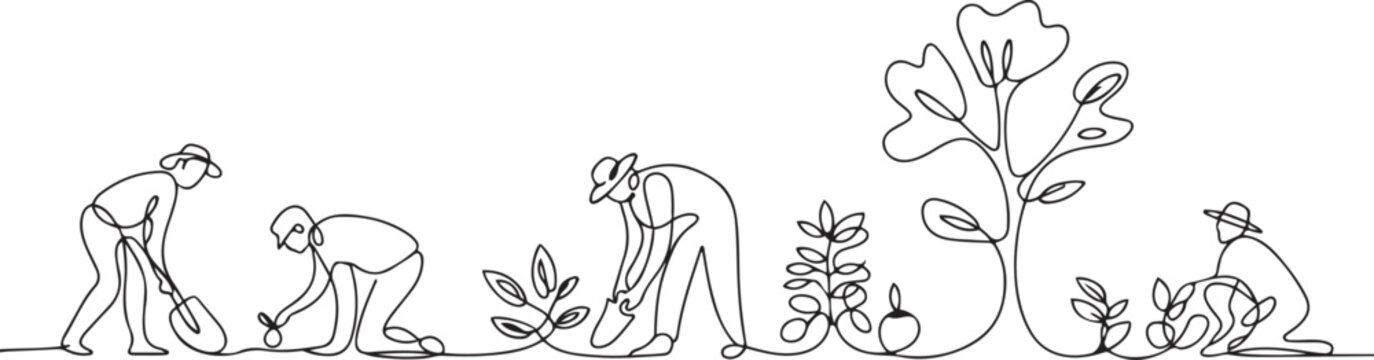 Continuous single one line art drawing of man people planting and farming seed plan tree vector illustration. one line Art icon drawing vector