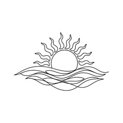 Obraz premium A minimalist line drawing depicts a radiant sun setting or rising over stylized waves