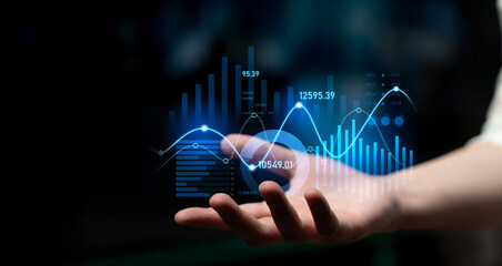 A hand presents an abstract visualization of financial data with graphs and charts, representing trends and statistics important for business insights and analytics. Scalp