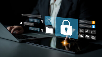 A modern businessman engages with a laptop while innovative cybersecurity icons float around, emphasizing the importance of data protection and digital security solutions. Gantry