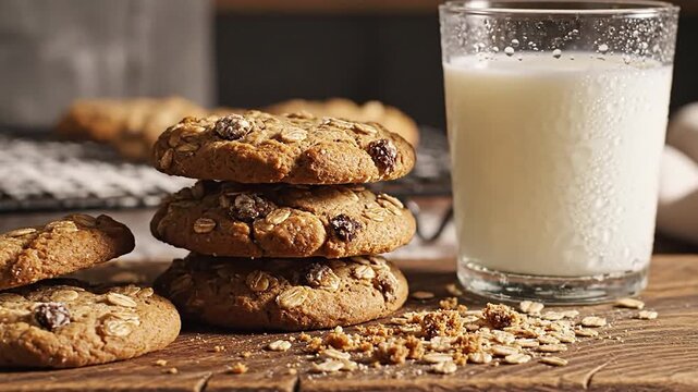 Close up video footage of fresh oatmeal cookies stacked on a wooden board with crumbs and a glass of milk, representing homemade baking and dessert snack concept.
