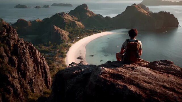 A man with a backpack sits on a rocky outcrop overlooking a serene beach, overlooking a vast expanse of water and distant mountains.