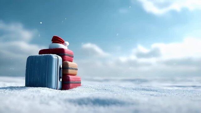 A 3D rendered winter scene featuring a stack of suitcases with Santa hats on top, set against a backdrop of a clear blue sky with fluffy white clouds. The suitcases are blue, red.