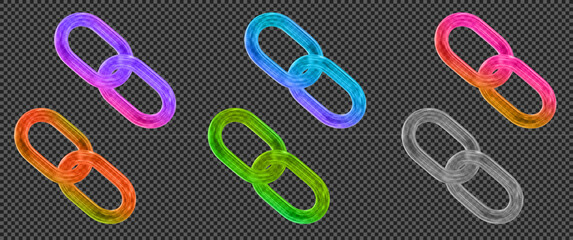 3d set glass transparent neon chain or link icon. Y2k style. Stock vector illustration on isolated background.	