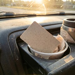Closeup of a dirty car interior with a cup holder containing a small container and a piece of cardboard illuminated by sunlight.