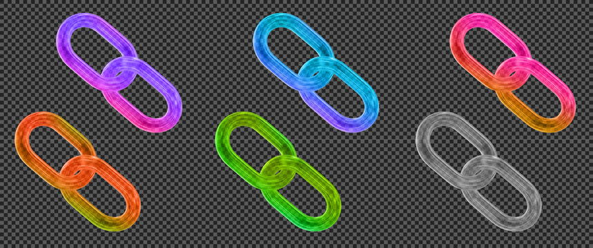 3d set glass transparent neon chain or link icon. Y2k style. Stock vector illustration on isolated background.	