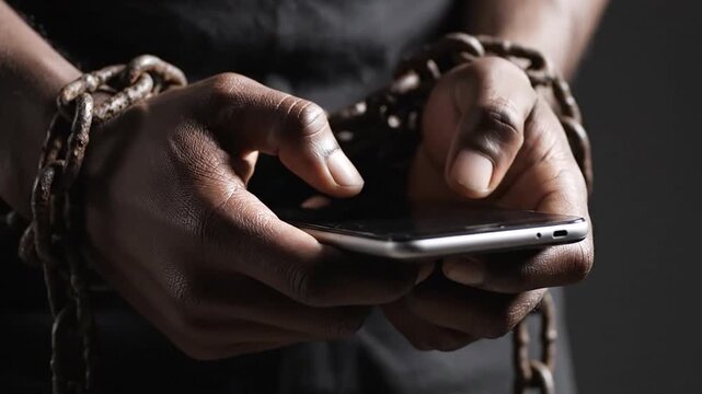 Dark dramatic video footage of chained hands using a smartphone, symbolizing digital addiction, cybercrime, online slavery, and technology dependence concept.
