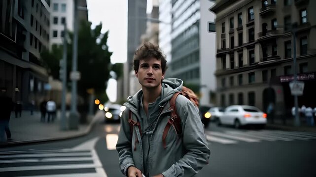 A man with a backpack is engrossed in reading a map on a city street. The scene is captured in a cinematic style, with a focus on the man and the map.