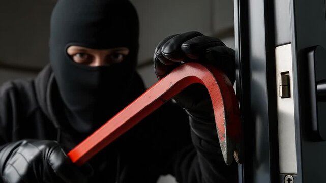 Male burglar in black balaclava using red crowbar to force open locked door of house, robbery footage