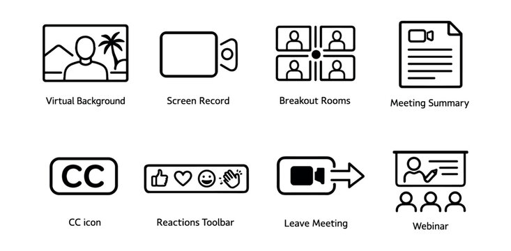 Online Meetings and Webinars Black and White Icons Set