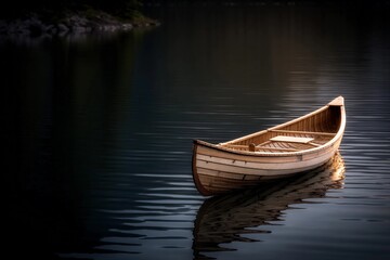 Obraz premium Wooden boat floating on calm water at dusk