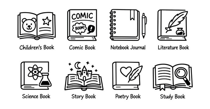 Book genre black and white icons set
