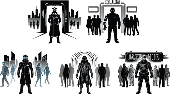 Cyberpunk futuristic characters at nightclub entrances, bodyguards and bouncers, sci-fi nightlife security, neon city nightlife, abstract comic style illustration