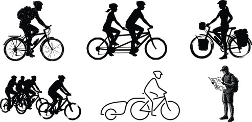 Obraz premium Cyclists and bike travelers riding bicycles, tandem biking, group cycling, outdoor adventure, touring, eco transportation, active lifestyle silhouette illustration