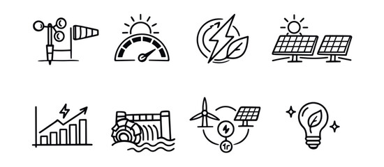 Renewable energy and sustainability line icons set