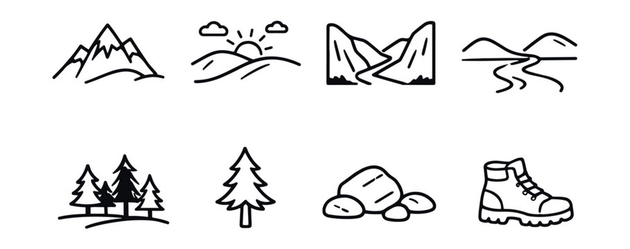 Outdoor and adventure nature line icons set