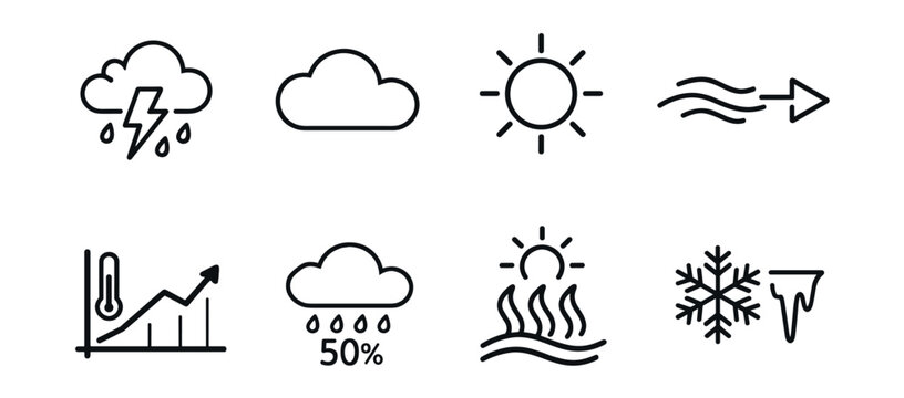 Weather black and white line icons set