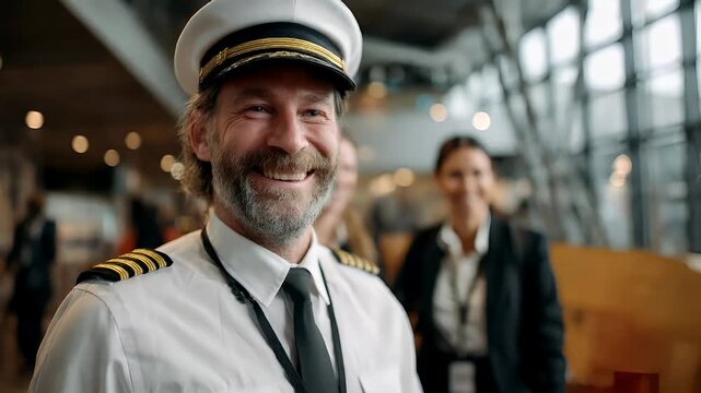 A closeup of a man in a captains uniform, smiling at the camera. He is wearing a white uniform with gold epaulettes and a navy blue tie.