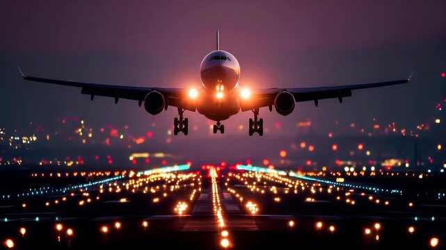 airplane taking off at night with city lights in the background.