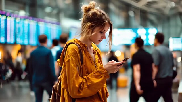 woman in yellow jacket looking at phone in indoor setting with blurred background and colorful lightswoman with blonde hair tied up in a bun in front of digital screens in an indoor setting.