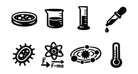 Science and laboratory black and white icons set