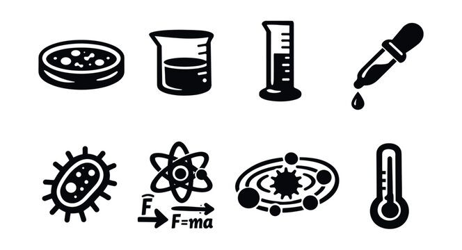 Science and laboratory black and white icons set