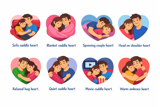 Couple affectionate heart-shaped illustrations set