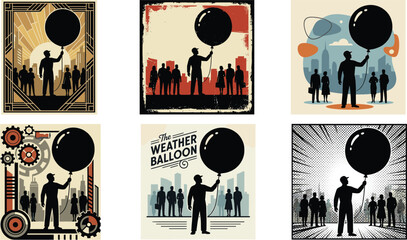 Retro weather balloon scene with silhouetted people and city skyline, vintage poster style, scientific observation, atmospheric research concept, graphic illustration © Md