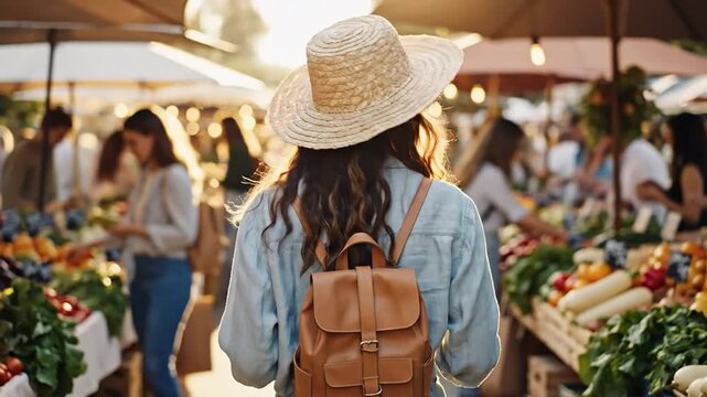 Cinematic video footage of a young woman with a straw hat and backpack walking through a farmers market at golden hour, representing local shopping, slow living, and sustainable lifestyle.
