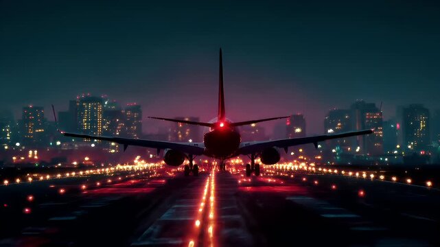 airplane taking off at night with city skyline in the background.