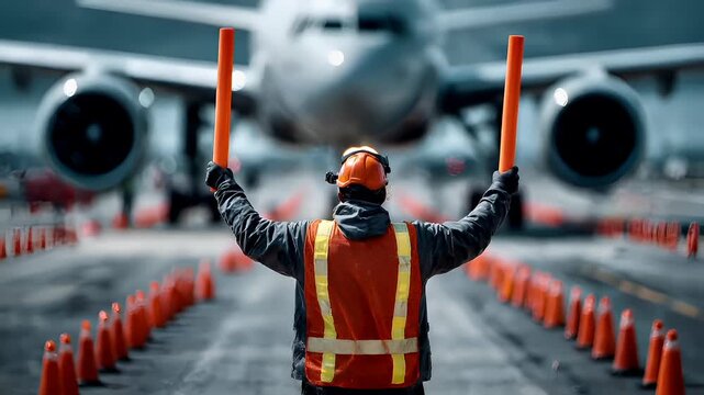 Aerial view of an airplane at an airport with a worker in the foreground, holding onto orange traffic poles. The worker is wearing a safety vest, helmet, and gloves.