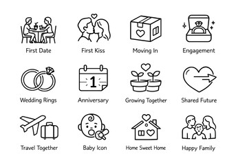 Relationship and family life line icons set