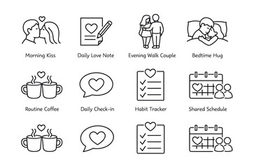 Couple activities and relationship concepts line icons set