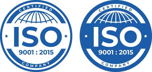ISO 9001:2015 Certified Company vector badge set, blue and white design