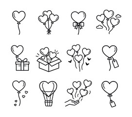 Heart-shaped balloons collection line drawings