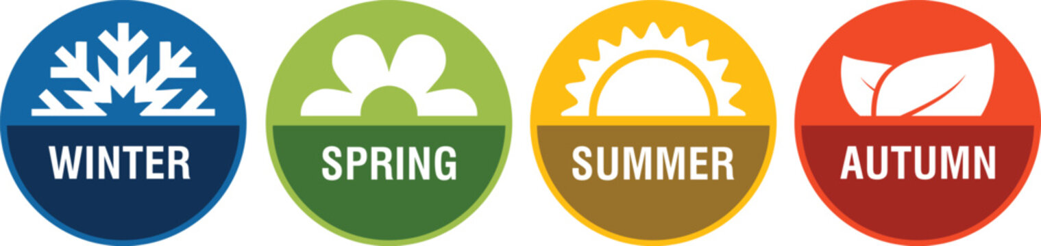 Four Seasons Vector Icons Set with Winter Snowflake, Spring Flower, Summer Sun, Autumn Leaf Symbols and Text