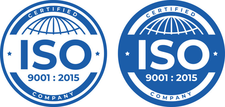 ISO 9001:2015 Certified Company vector badge set, blue and white design