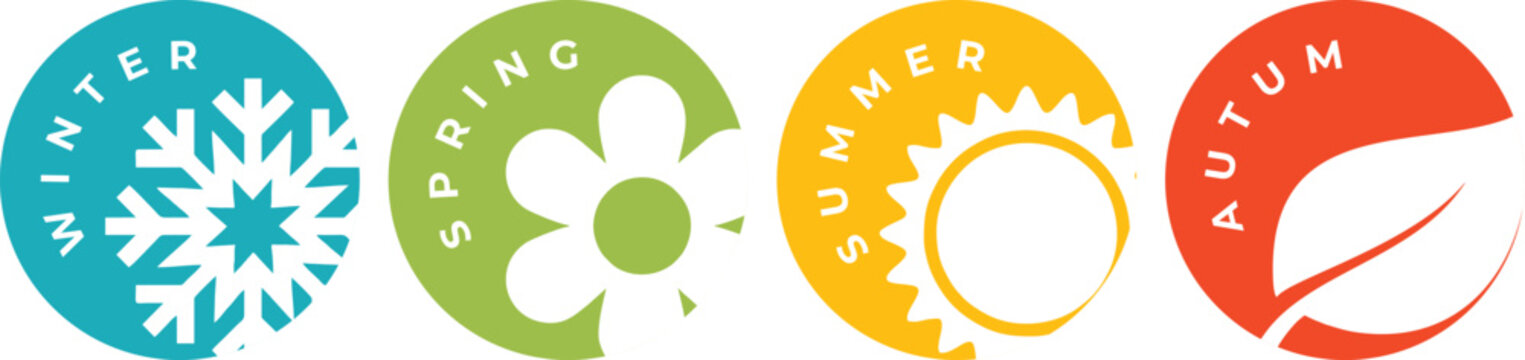 Vector set of four colorful season icons with symbols for Winter, Spring, Summer, Autumn