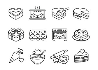 Heart-themed baking and dessert line icons set