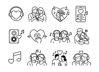 Music and love connection line icons set