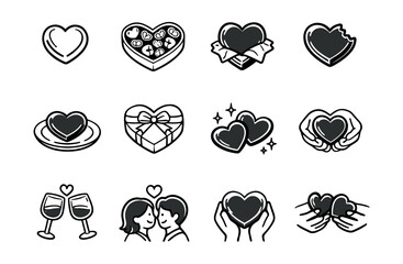 Love and romance black and white icons set