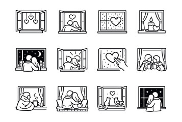 Romantic and Cozy Window Scenarios Illustration Set