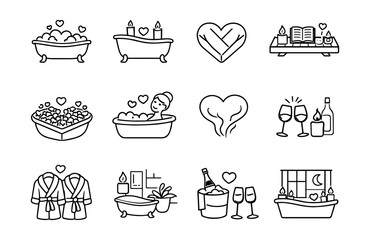 Romance and relaxation bath line icons set