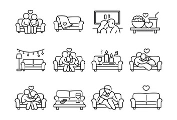 Romantic and cozy couple moments line drawings