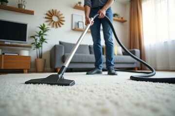 Fototapeta premium Male Janitor Using Vacuum Cleaner to Clean Carpet in Living Room